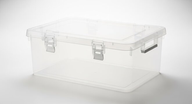 Transparent plastic storage container with lid and latches on white background