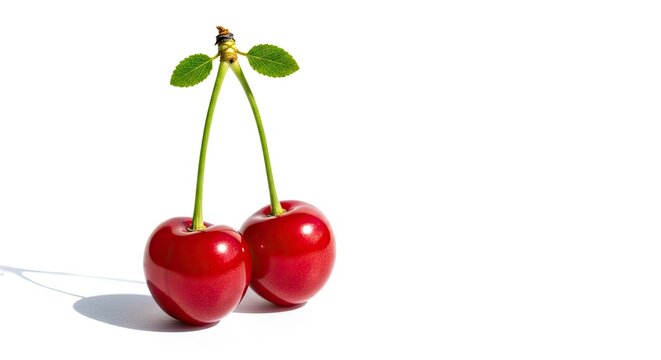 Two ripe red cherries with stems and leaves on a white background