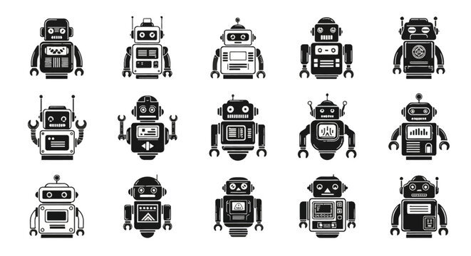 A set of fifteen high-contrast black and white vector robot icons featuring minimalist retro toy designs with mechanical details, antennas, and claw hands on a white background.