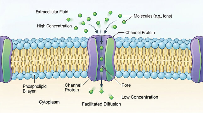 Explanation of facilitated diffusion in a cell membrane showing channel proteins and concentration gradients in a biological context