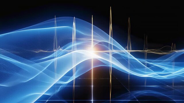Blue energy waves and light pulses flowing across frame