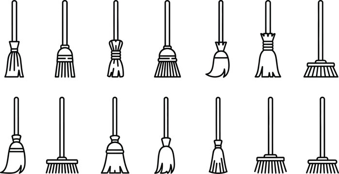 Collection of twelve different broom and brush in black outline on white background cleaning tool