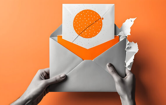 Hands holding a torn open envelope with orange and white paper inside, orange background, torn paper
