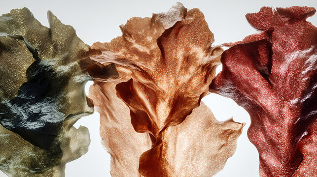 Three dried organic seaweed varieties nori, dulse and wakame displayed on white background in warm diffused light. Perfect for culinary, nutraceutical, marine health and superfood concepts.