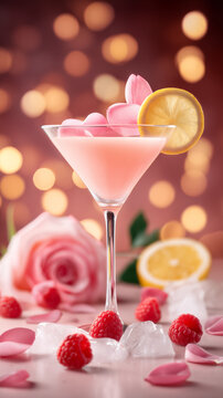 Pink martini glass with raspberry rose cocktail, lemon slice, rose petals and fresh berries. Romantic bokeh background. Elegant mocktail Valentine party, luxury bar concept.