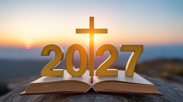 2027 new year themed golden cross and numbers on open holy book against warm sunrise backdrop for religious celebration and inspirational design projects