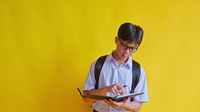 Focused junior high school student wearing glasses and backpack opening binder to read documents isolated on yellow studio backdrop