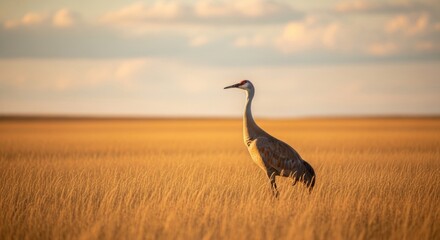 Fototapeta premium A large grey crowned heron with detailed feathers and a sharp beak stands in the wild grass at sunset, capturing the elegant essence of avian wildlife in its natural water habitat
