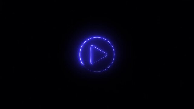 Neon Play Button Icon on Black Background symbol. Music play button icon animation in glowing neon circle and press icon
