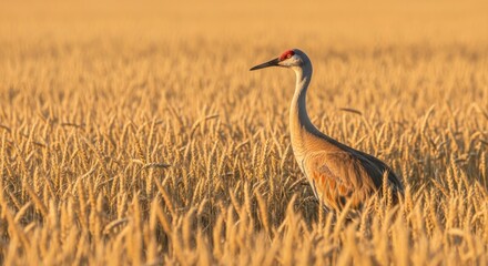 Fototapeta premium A beautiful grey crowned crane with a red head and golden crown stands amidst the wild green grass, showcasing its elegant feathers and sharp beak in a natural wildlife setting