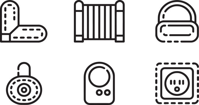 An assortment of technical and safety icons including a foldable bracket, a radiator, a rounded lock, a dial timer, a cupboard, and a circular electrical socket, all depicted in monochrome line art.