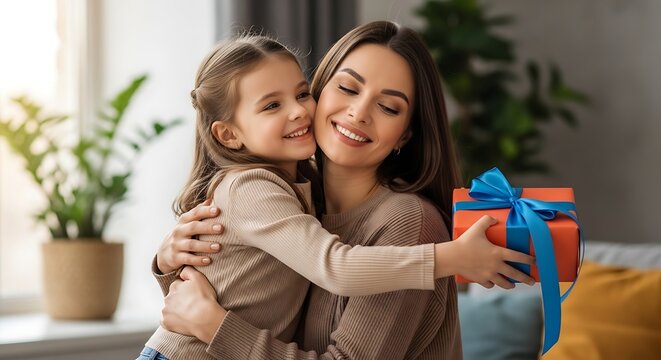 Woman and little girl with gift.