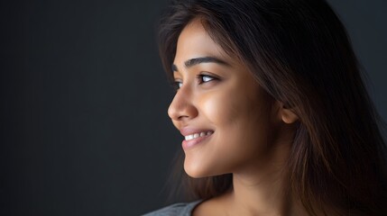 Fototapeta premium Beautiful young woman viewed in profile displaying a genuine and warm smile against a muted studio backdrop