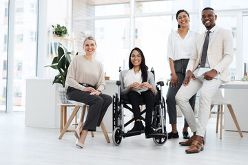 Realtor, wheelchair or team in agency with portrait, pride or inclusion in property management. About us, real estate staff or person with disability, experience or diversity in housing market.