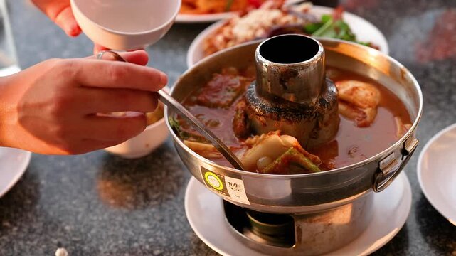 A person is serving sour curry with fish and mixed vegetables from a hot pot to a white bowl at a restaurant.