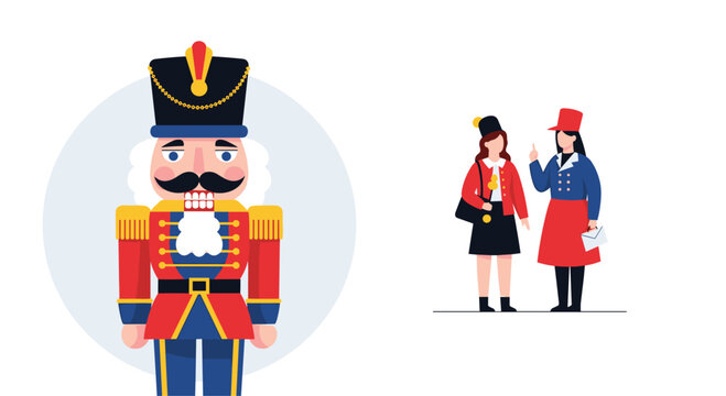 Festive illustration of traditional nutcracker soldier character alongside two women in matching military inspired parade uniforms.
