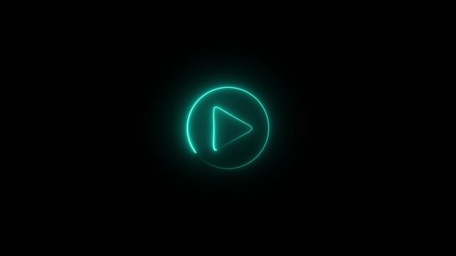 Neon Play Button Icon on Black Background symbol. Music play button icon animation in glowing neon circle and press icon