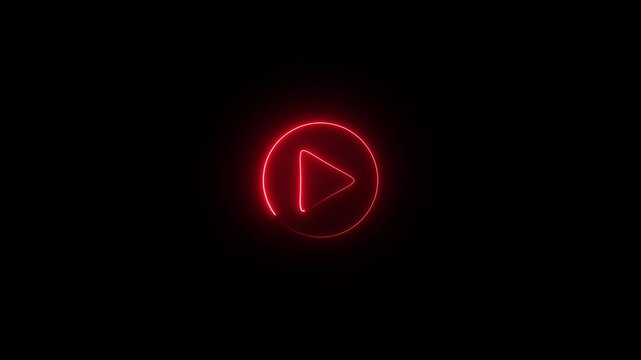 Neon Play Button Icon on Black Background symbol. Music play button icon animation in glowing neon circle and press icon