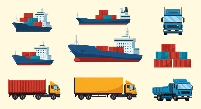Flat vector illustration collection of global logistics freight transport including cargo ships loaded with containers, semi-trucks, delivery vehicles, and industrial shipping units.