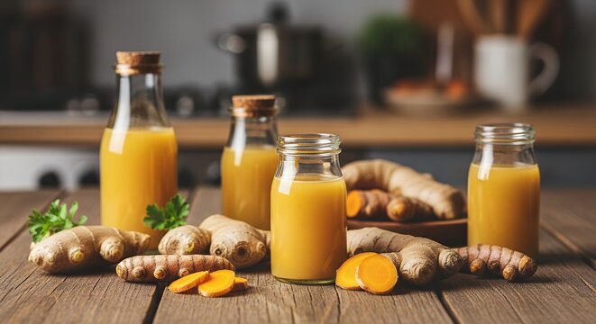Healthy Ginger and Turmeric Immunity Shots in Glass Bottles on Rustic Wooden Table