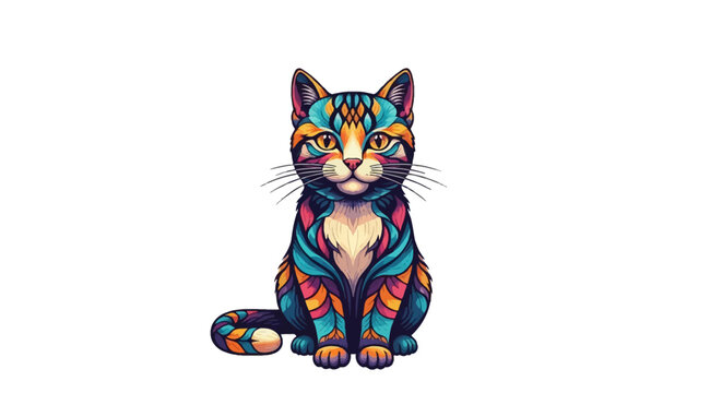 Ornate stylized cat illustration featuring intricate geometric and floral patterns in teal, orange, and pink. Symmetrical sitting feline vector art isolated on a white background.