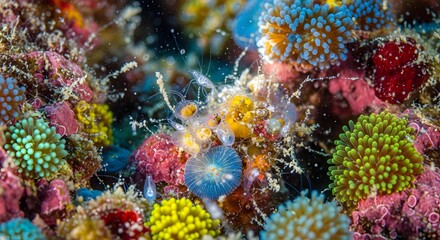 Obraz premium Vibrant underwater coral reef teeming with colorful marine life and aquatic organisms