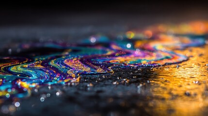 Obraz premium Vibrant, iridescent liquid metal patterns swirling with colorful reflections on a dark textured surface.