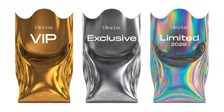 Three luxury VIP Exclusive Limited edition badges on transparent background