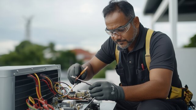 Expert hvac technician repairing air conditioning unit on rooftop urban setting technical service daytime close-up view professional maintenance