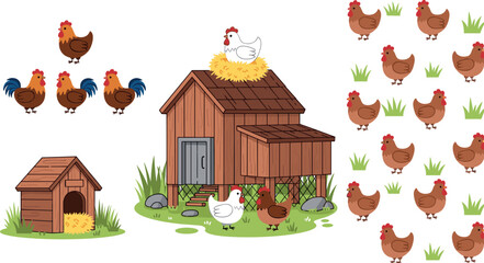 Cartoon Roosters, Hens, and Chicken Coop with Grass and Outdoor Elements for Farm and Rural Illustrations © Rubya