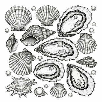 Collection of vintage hand-drawn monochrome seashells featuring open oyster shells with pearls, textured scallops, spiral conchs, and various mollusk specimens on a white background.