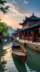 Obraz premium A serene scene captures a traditional Chinese canal with a wooden boat gently resting on the water, framed by ornate architecture and a vibrant sunset.