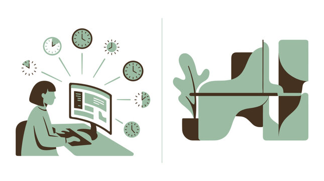 A focused female employee works diligently at her computer terminal while multiple green clocks indicate various time zones in a split-screen layout.