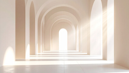 Fototapeta premium beige arched hallway with ethereal sunlight and shadows