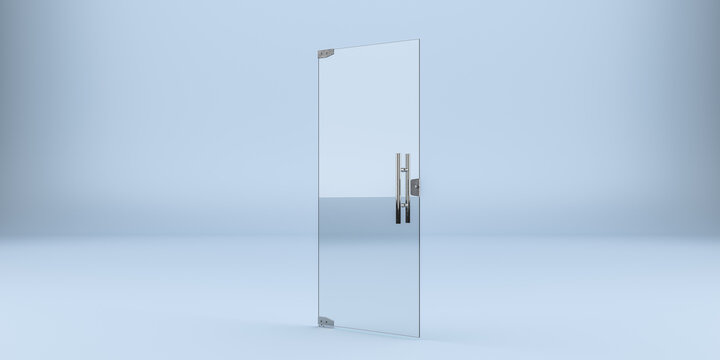 transparent glass door metal handle isolated light blue background interior architecture element entrance exit open close concept graphic design template. 3d rendering
