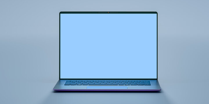 modern open laptop computer blank screen front view isolated light blue background internet communication business macro studio single object design. 3d rendering