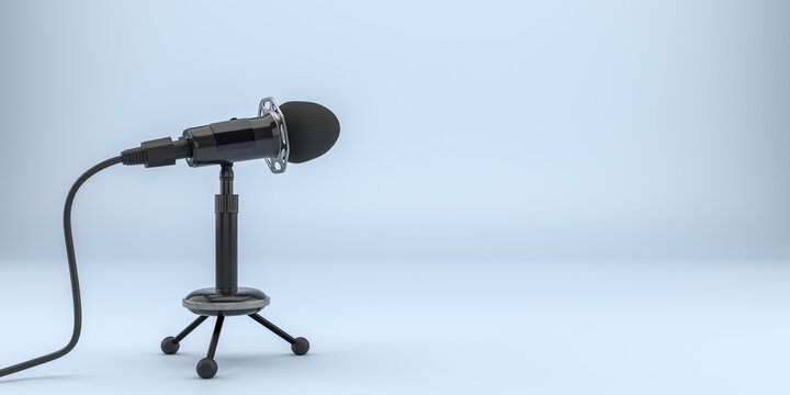 modern black podcast microphone small desktop stand isolated light blue background audio broadcast equipment studio recording single object, copy space. 3d rendering