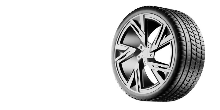 black car wheel tire alloy rim isolated bright white background automotive industry transportation vehicle part macro single object graphic template. 3d rendering