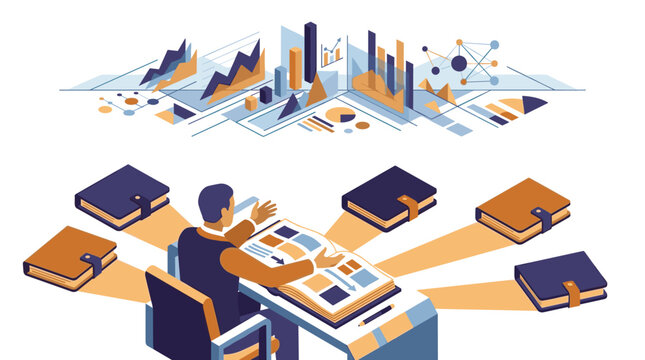 A dedicated researcher sits at a modern white desk while multiple floating books connect to a complex array of colorful data charts and analytical graphs.