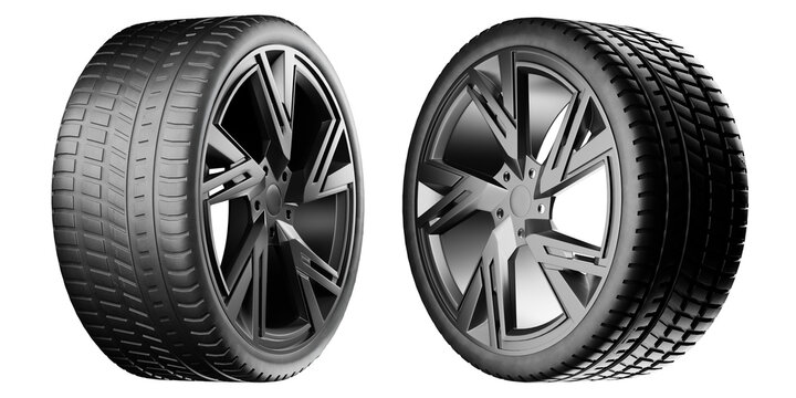 two black car wheels tires alloy rims isolated bright white background automotive transportation vehicle parts macro angled view graphic template. 3d rendering