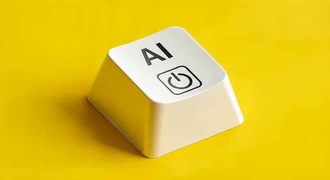 artificial intelligence activation key white computer button with AI text power symbol isolated on bright yellow background isometric view future technology innovation digital automation