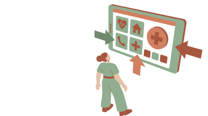 Fototapeta premium A modern illustration features a woman in green clothing observing a large digital tablet displaying various health icons and medical symbols in a soft earthy motif.