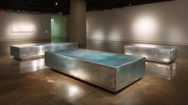 Sleek minimalist pedestal seating with a matte finish in a modern gallery exhibition space