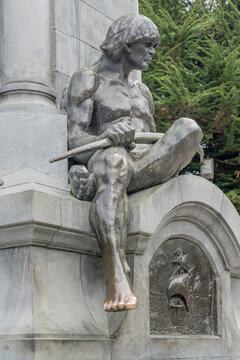 detail of glittering Patagonic feet, talisman polished by tourists, at Hernando Magallanes monument in plaza de Armas Munoz Gamero at historical town, Punta Arenas, Chile