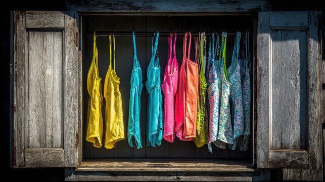 A Rustic Open-Fronted Closet Showcasing a Vibrant Collection of Sleeveless Summer Dresses and Apparel.