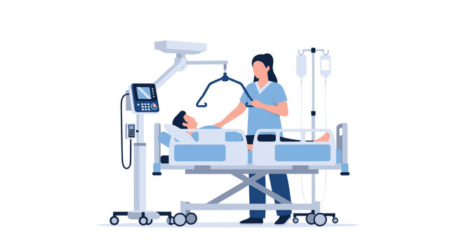 A skilled nurse operates a mechanical patient lift over a man resting in a modern hospital bed equipped with advanced medical monitoring devices in a clean white room.