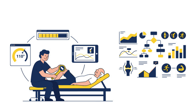 A skilled physical therapist uses a specialized yellow goniometer to measure the knee range of motion for an elderly patient resting on a treatment table.