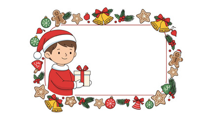 Fototapeta premium Happy young boy wearing a red Santa hat holds a wrapped gift box inside a decorative frame of various festive Christmas illustrations.