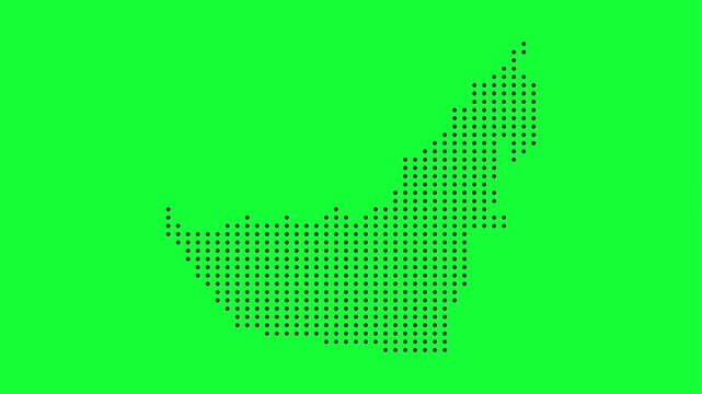 UAE dotted map digital points animation, United Arab Emirates geographic outline, 4K green screen background for infographic use