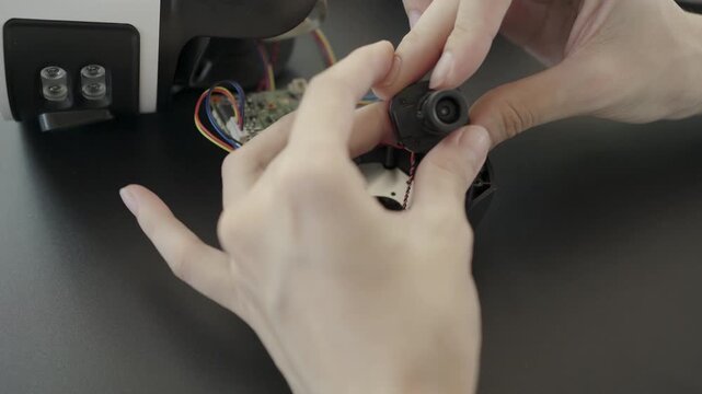 Close-up, Hand of woman repairing a wireless CCTV camera